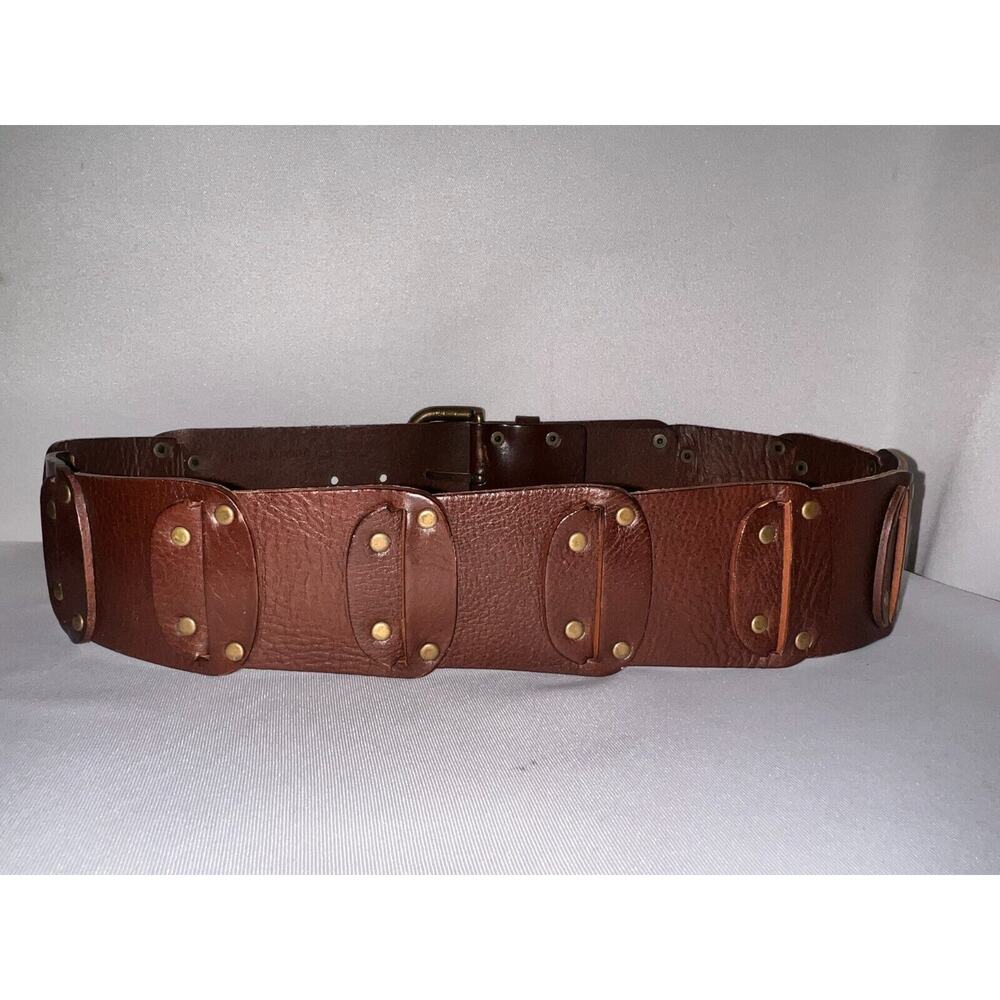 BANANA REPUBLIC Women's Size S Brown Genuine Leather Wide Panel Studded Belt - Picture 2 of 6
